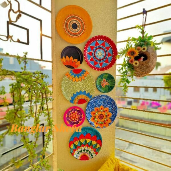 হাতে আঁকা সুপারি খোলের পেইন্টিং প্লেট কম্বো - ওয়াল ডেকর সেট