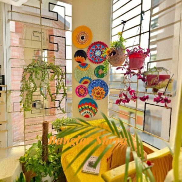 হাতে আঁকা সুপারি খোলের পেইন্টিং প্লেট কম্বো - ওয়াল ডেকর সেট